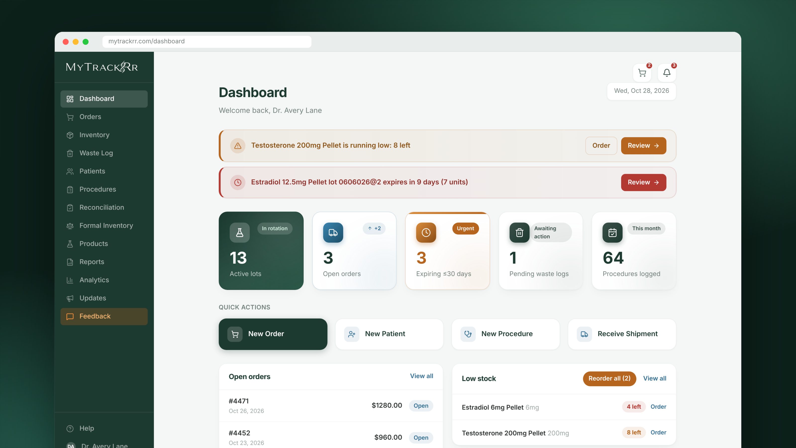 MyTrackRR dashboard with low-stock and expiry alerts, counts of active lots and open orders, quick actions, and lists of open orders and low stock.